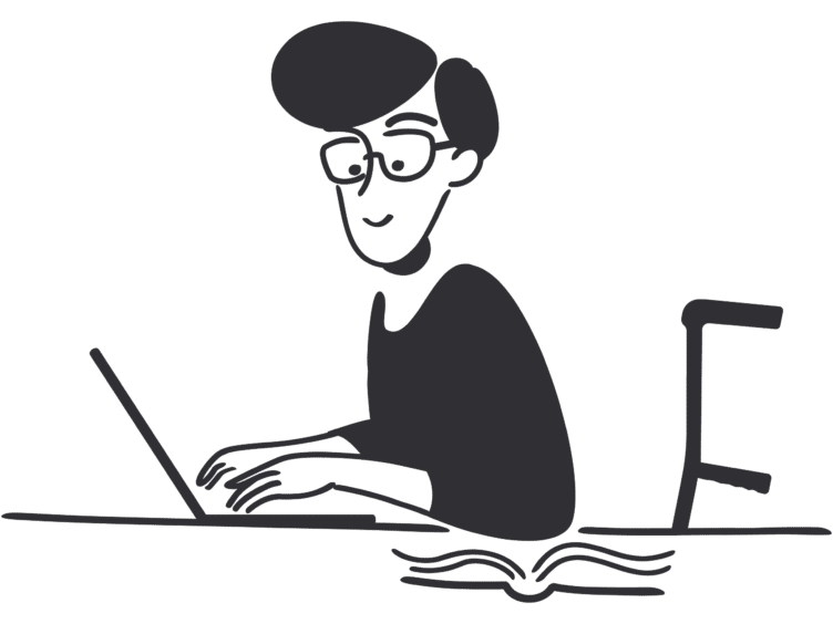 Illutrajonsbilde i sort hvitt som viser en mann med briller som sitter foran pc'en. Kan blant annet brukes for å illustrere kunnskapsbank om ms.