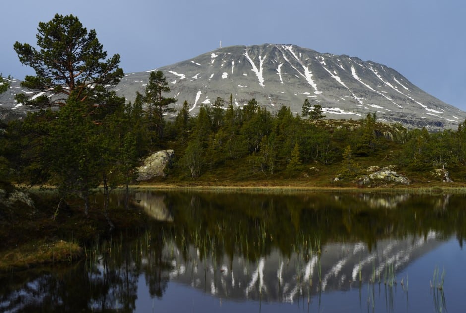 Fjellet Gaustadtoppen speilet i en rolig innsjø omgitt av skog.