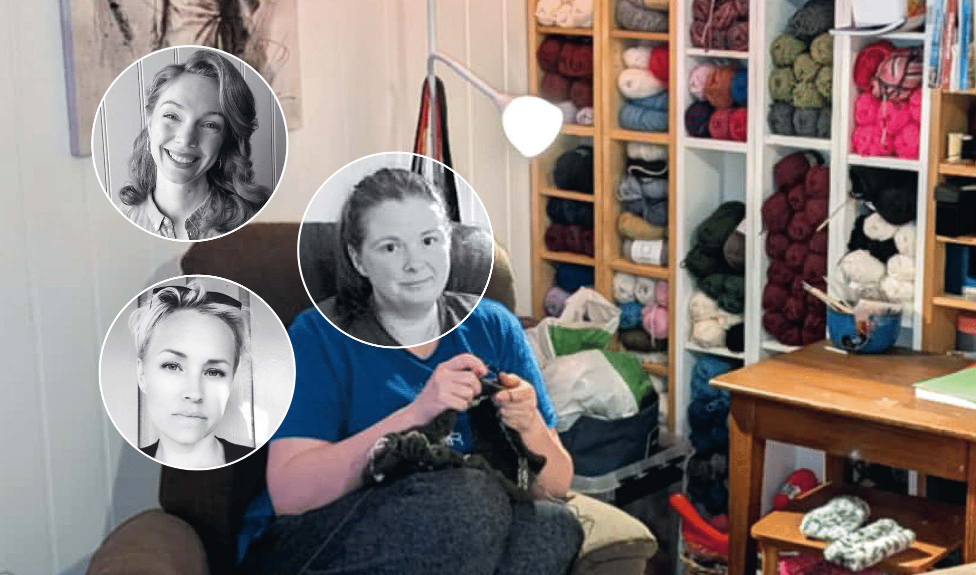 Bilde av Jeanette, Mari og Lisell, strikkeentusiaster i MS-forbundet. I bakgrunnen ser vi en stor hylle som er full av garn.